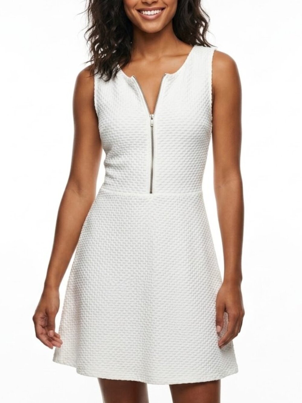 H&M DIVIDED White Textured Skater Dress Zip Front Mini Size Large